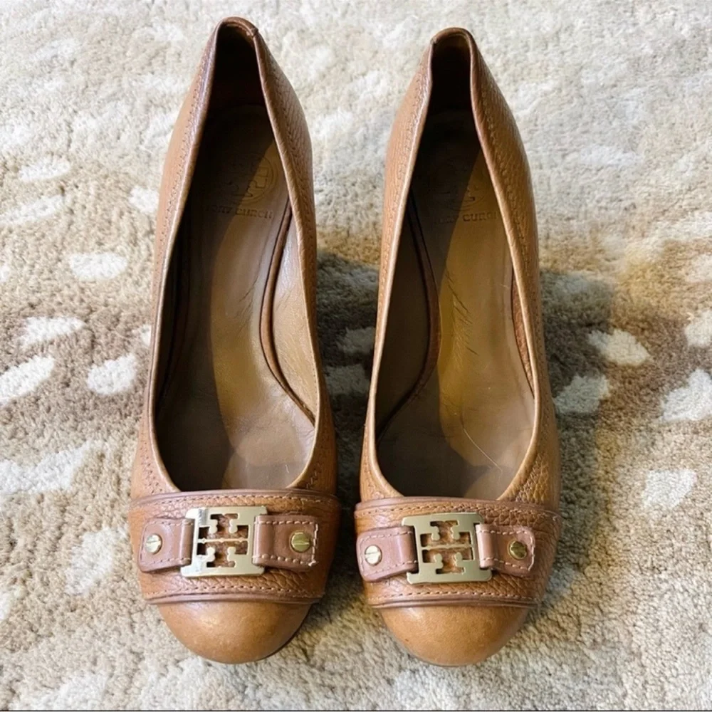 Tory Burch Cognac Leather Wedge Pumps with Gold Logo Accent